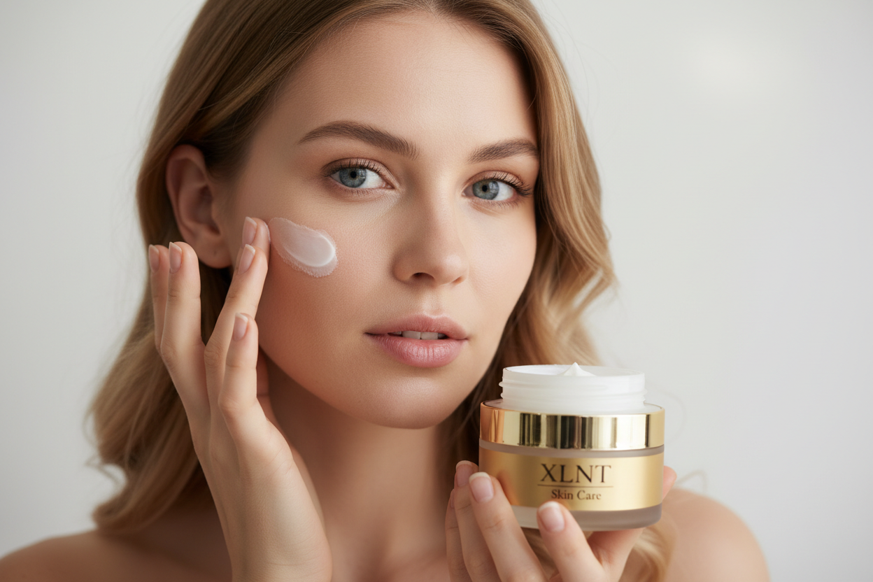 Scandinavian woman using XLNT Skin Care product with gold label