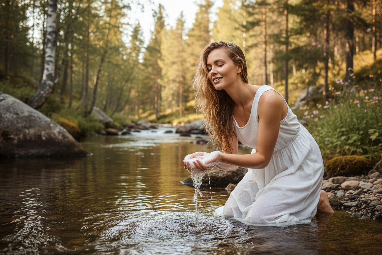 Swedish woman washing hair by river
